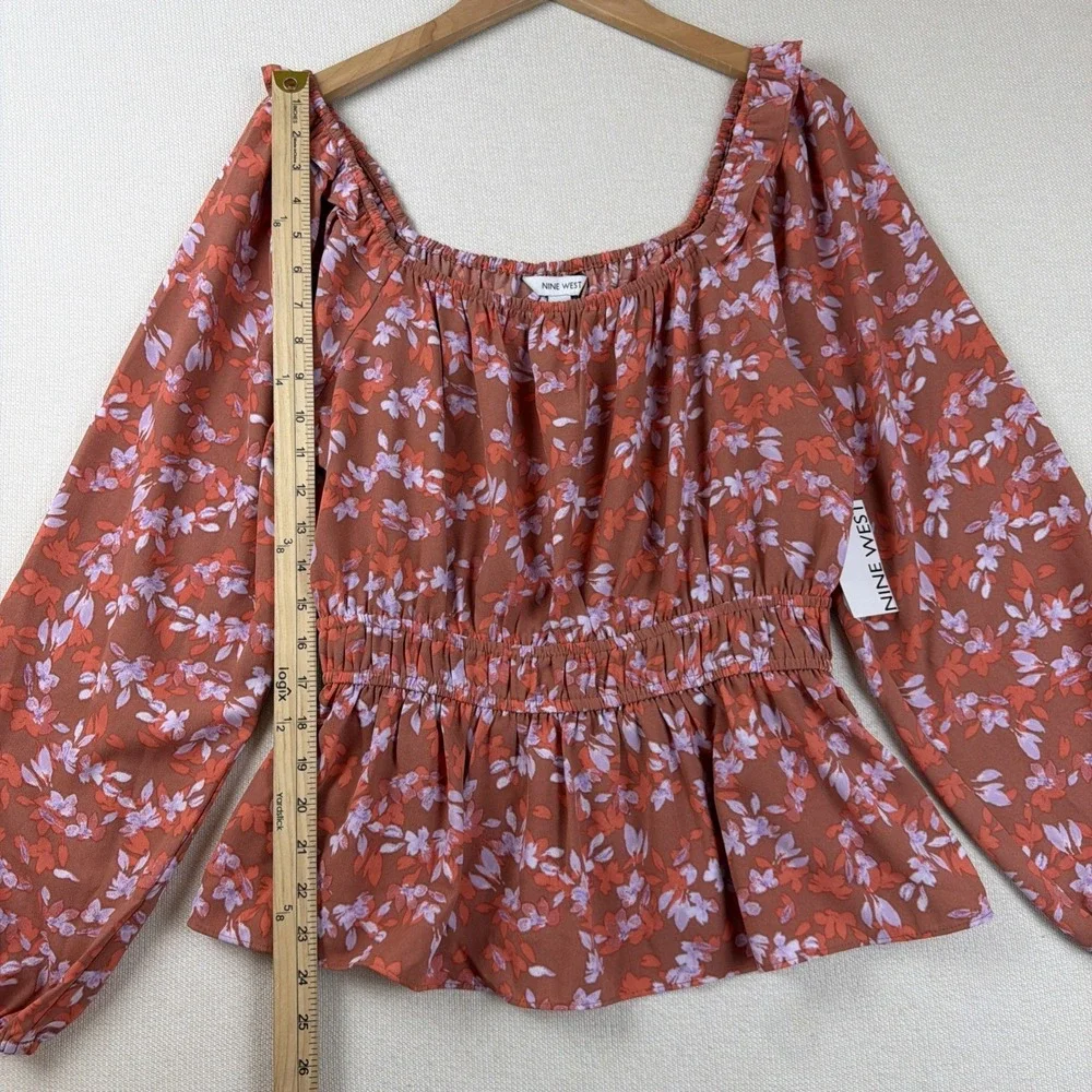 NWT Nine West Women's Peplum Floral‎ Blouse Size L Elastic Cuffs Smocked Waist